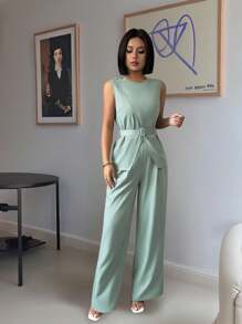 Chiquease 1件装女士夏季修身扭腰优雅连体裤套装，适合大学穿着 - 綠色 - 查看 5