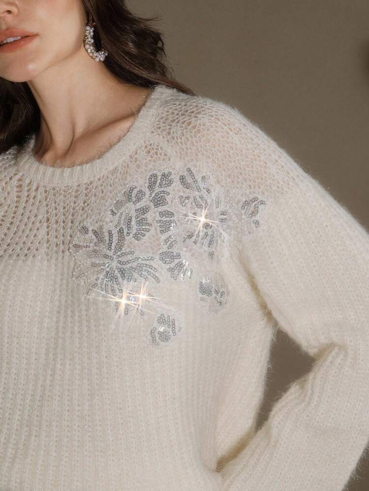 Pull ample col rond pour femmes avec ornements de sequins, texture douce et moelleuse, mode et élégant, convient pour l'automne/l'hiver