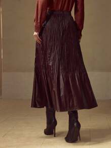 MOTF PREMIUM 弹力腰带修身百搭PU皮革短裙 - 酒紅色 - 查看 3