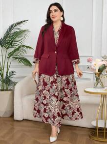 Modelyn Plus 1pc Single Button Blazer & 1pc Floral Print Dress In Fall/Winter - Burgundy - View 6