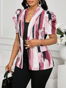 SHEIN Lady Blazer corto da donna con maniche a palloncino e bottoni in resina con risvolto - Multicolore - Visualizzare 4