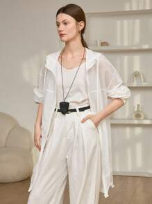 Dazy-Less 女士宽松商务休闲连帽雪纺衬衫，长袖轻薄外套，适合办公室穿着，春夏秋季女装外套