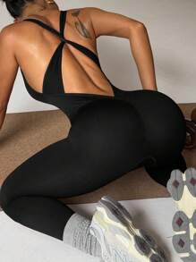 SHEIN Dewbera 女士时尚运动交叉设计露背紧身连体裤机场装全身紧身连体裤机场装健身房女士服装