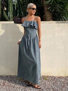 DAZY Vestido Feminino de Ganga com Cintura Franzida e Cinturada - Azul - Visão 4