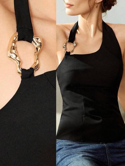 Uhlyne 女式纯色金属环装饰露背夏季高腰黑色背心，优雅性感，秋季，简约，商务休闲，度假装，工作装，教师装，返校装，秋季，老钱风格