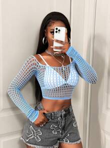 BamGleam 女士镂空网眼短款上衣，露肩