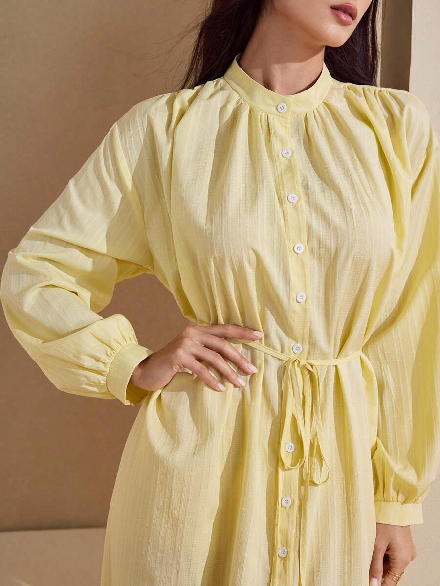 Graceveil Elegant Yellow Long Dress With Raglan Sleeves And Button-Up Design For Women - Yellow - View 1