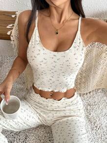 SHEIN PETITE 2 pièces Set débardeur et pantalon large, tenue de détente à imprimé floral digital, Printemps/Été