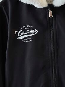 女童毛领连帽印花棉服冬季夹克 - 黑色 - 查看 9