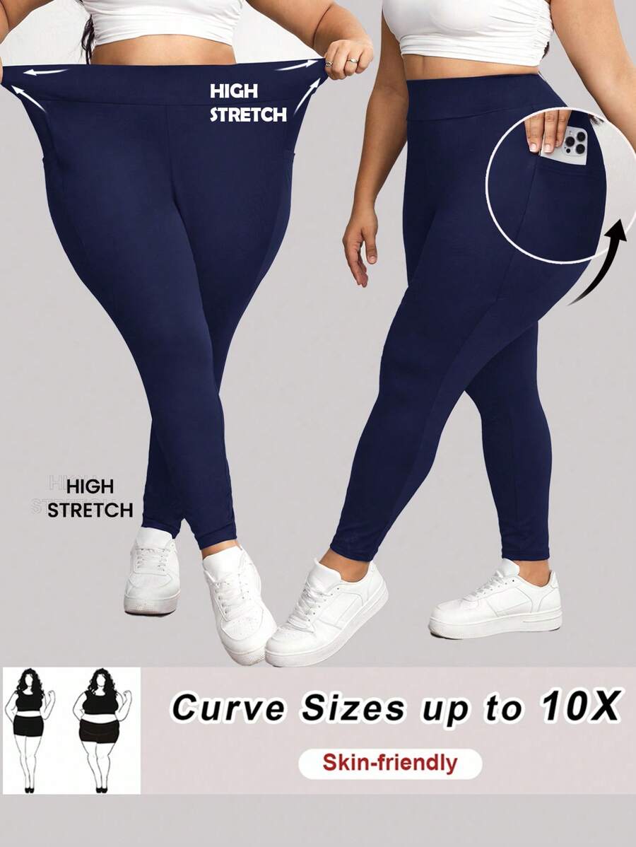 SHEIN CURVE+ Plus Size Side Pocket Sports Yoga Elastic Slim Leggings, Breathable Fabric, Summer Casual Long Plain Leggings For Women