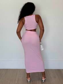 Alexandranx Conjunto de dos piezas para mujer, top sin mangas y falda, de unicolor y diseño sencillo - Rosa - Ver 2