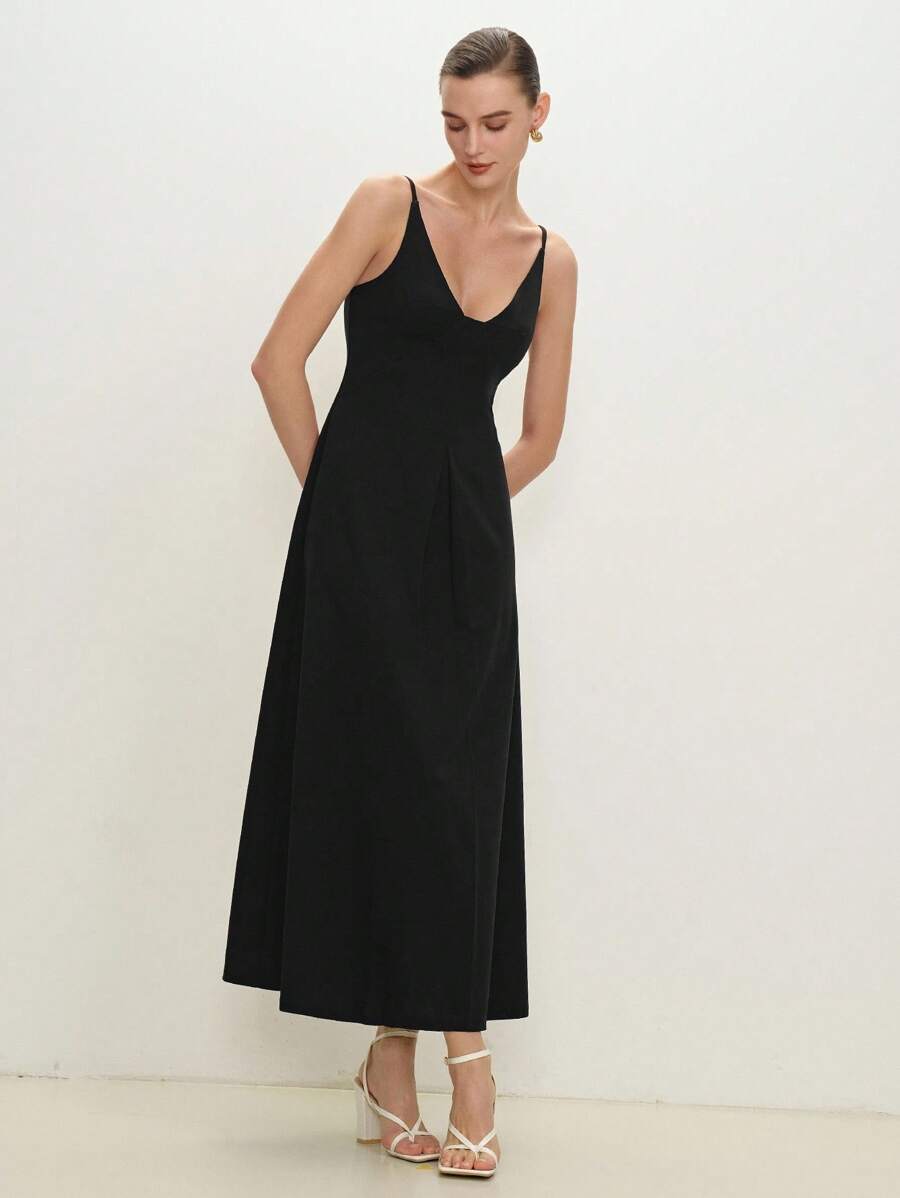 BizChic 2025年夏季新款优雅女士长款黑色连衣裙，无袖，适合日常、通勤、工作、约会、毕业