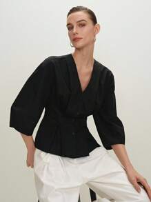 BizChic Women's Black Lantern Sleeve A-Line V-Neck Urban Commuting Office Business Casual Elegant Blouse, Ladies Professional Formal Wear Top - Black - View 1