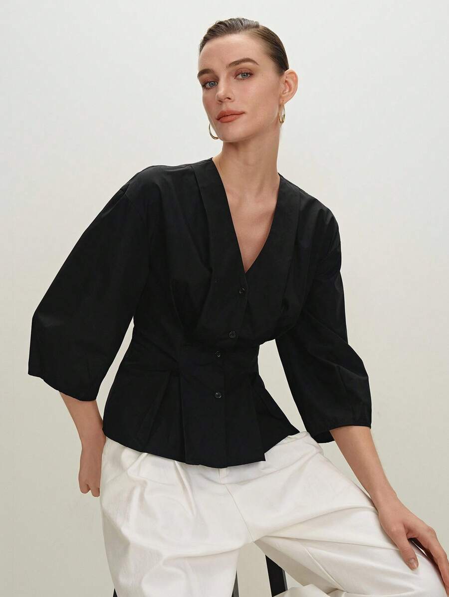 BizChic Women's Black Lantern Sleeve A-Line V-Neck Urban Commuting Office Business Casual Elegant Blouse, Ladies Professional Formal Wear Top - Black - View 1