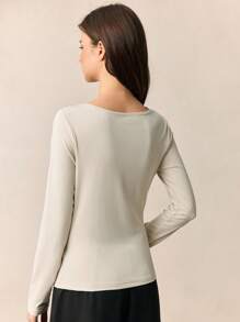 BizChic 2025 年夏季新款杏色宽松领口褶饰设计长袖女式上衣 T 恤，商务休闲日常通勤优雅海滩度假装，适合婚礼宾客、乡村音乐节、早午餐、机场、90 年代复古、斯堪的纳维亚、7 月 4 日 - 杏色 - 查看 3