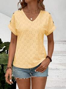 SHEIN LUNE 女士休闲镂空刺绣纽扣蝙蝠袖T恤，夏季 - 黃色 - 查看 5