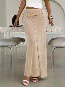 Lavishia 杏色金属闪光弹力高腰 A 字裙，时尚休闲街头时尚，影响者