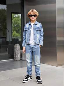 1 Set Tween Boy Retro Distressed Denim Jacket & Light Blue Jeans Suit,Comfortable Back-To-School School Casual Chic Outfits For Autumn/Winter Fall - Light Wash - View 4