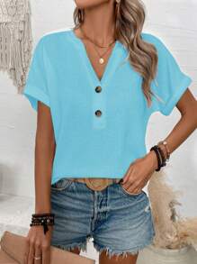 SHEIN PETITE Women Notched Neck Solid Color Textured Batwing Sleeve T-Shirt For Summer - Blue - View 3