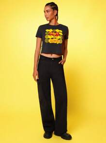 Lay's X SHEIN Women's Black Letter Graphic Round Neck Short Sleeve T-Shirt - Grey - View 4