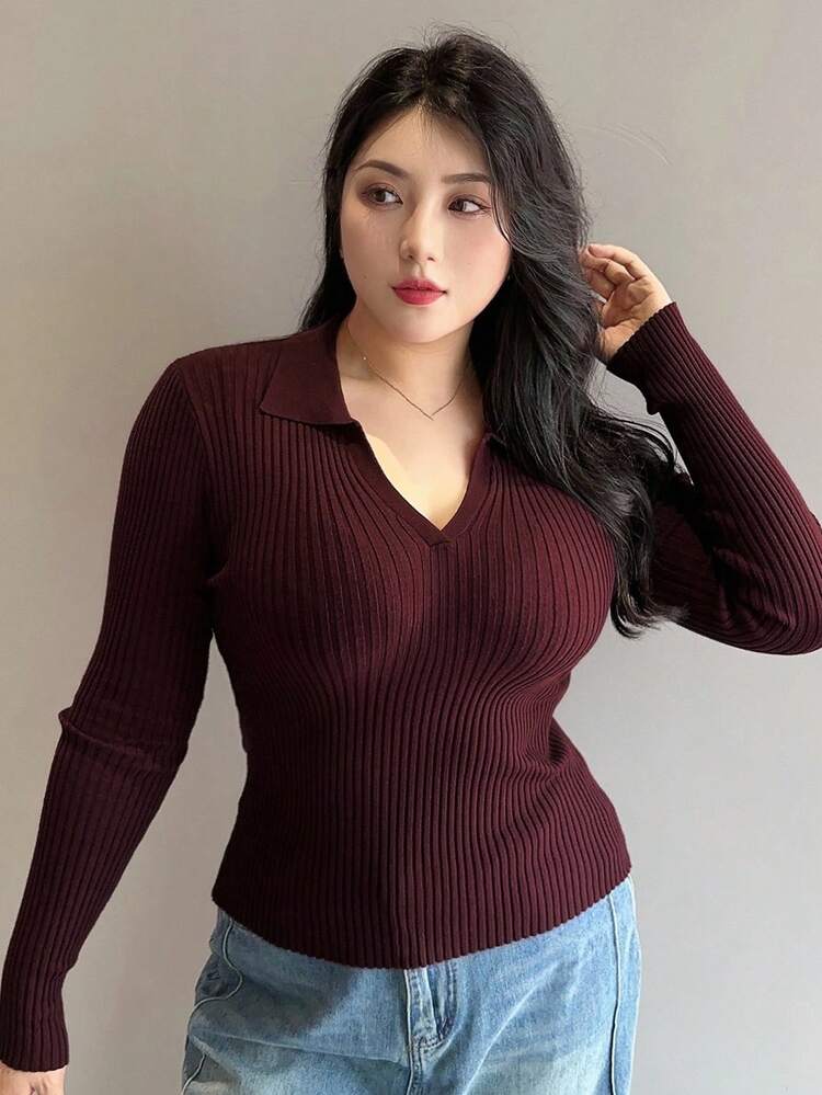 Dazy Plus Valentine Plus Size Solid Color V-Neck Elastic Bodycon Long Sleeve Wine Red Sweater Fall