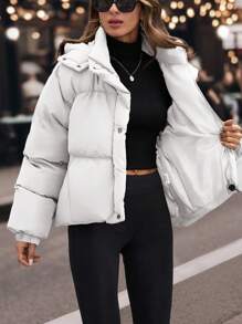 EURMUSE Drawstring Hem Hooded Drop Shoulder Quilted Women's Crop Down Jacket - White - View 4