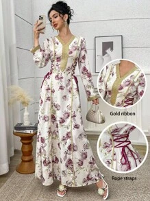 Yasmyna Women Floral Print Ribbon V-Neck Elegant Long Sleeve Arabic Dress, Modest - Multicolor - View 1