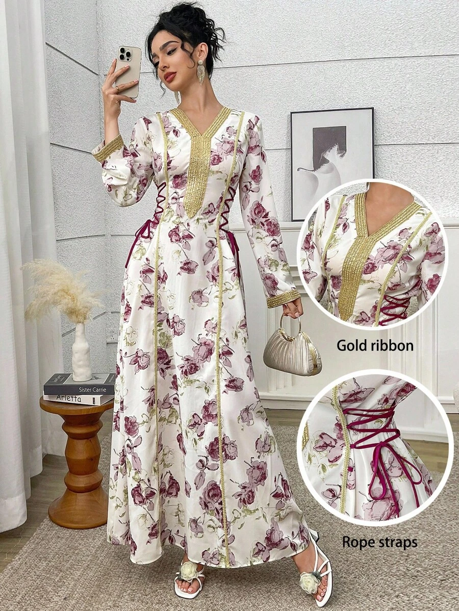 Yasmyna Women Floral Print Ribbon V-Neck Elegant Long Sleeve Arabic Dress, Modest - Multicolor - View 1