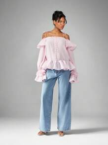 MISSGUIDED Ruffle Trim Off Shoulder Peplum Blouse Long Sleeve Button Front Tie Shoulder Puff Volume Top Spring Summer Holiday Occasion Wear Festival Clothing - Pink - View 4