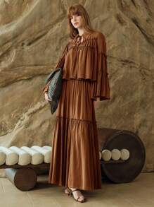 Arave 女士雪纺褶皱荷叶边系领宽松飘逸衬衫，秋季女装，外出上衣，波西米亚风美拉德印花 - 摩卡棕 - 查看 5