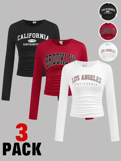 SHEIN Girlism 3 pezzi Maglietta a maniche lunghe con scollo tondo, stampa a lettere, lati arricciati, per ragazze pre-adolescenti, casual per la scuola, confezione di maglie per il ritorno a scuola, top crop a maniche lunghe, magliette grafiche per ragazze