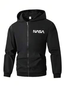 Teenage Boy Casual Printed Zipper Pocket Hooded Jacket, Suitable For Daily Casual Wear Chic Outfits For Autumn/Winter Fall - Black - View 1