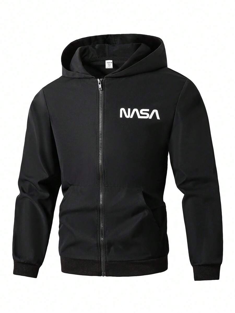 Teenage Boy Casual Printed Zipper Pocket Hooded Jacket, Suitable For Daily Casual Wear Chic Outfits For Autumn/Winter Fall - Black - View 1