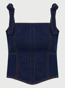 Daynim 女士夏季宽松休闲牛仔吊带背心 - 深色水洗藍 - 查看 7