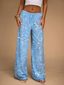 SHEIN BAE Quần ống rộng đính sequin cạp trễ dành cho nữ, thích hợp cho kỳ nghỉ ở bãi biển, mùa hè - Màu xanh nhạt - Xem 4
