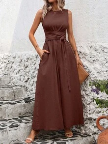 Solivie 女士纯色简约无袖裹身裙，休闲日常穿着