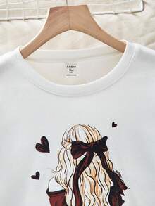 Sparklyn 少女休闲图案字母印花落肩宽松运动衫和纸袋腰仿麂皮迷你裙套装，秋季 - 棕色 - 查看 3