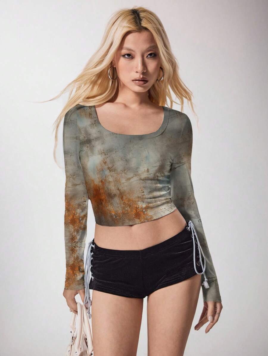 Shutterstock Women's Tie Dye Print Fitted Cropped Long Sleeve T-Shirt Suitable For Spring Fall And Winter Autumn Long Sleeve Crop Tops Crop Tops Women Abstract Print Crop Top Long Sleeve Crop Top Women Graphic Crop Tops Y2K 2000s Cute Top Back To School Club Outfits Women Sexy - Multicolor - View 1