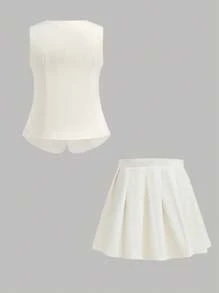 SHEIN 少女休闲简约舒适拉链上衣和百褶迷你裙套装