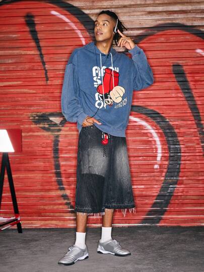 Astro Boy X ROMWE Men's Casual Letter & Cartoon Pattern Drawstring Hoodie