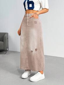SHEIN EZwear 女式侧袋做旧长款直筒休闲牛仔中长裙 - 咖啡棕 - 查看 2
