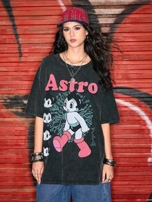 Astro Boy X ROMWE Women's Loose T-Shirt With Cartoon And Letter Pattern, Washed Snow Flake - Black - View 1