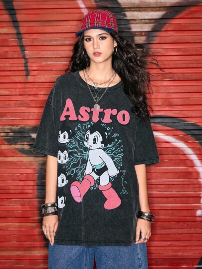 Astro Boy X ROMWE T-shirt ample pour femmes avec motif de dessin animé et de lettres, flocon de neige délavé