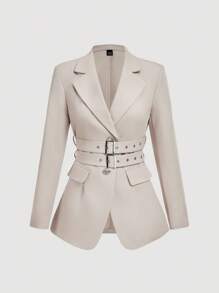 SHEIN MOD 秋冬女士时尚双腰带西装外套 - 杏色 - 查看 2