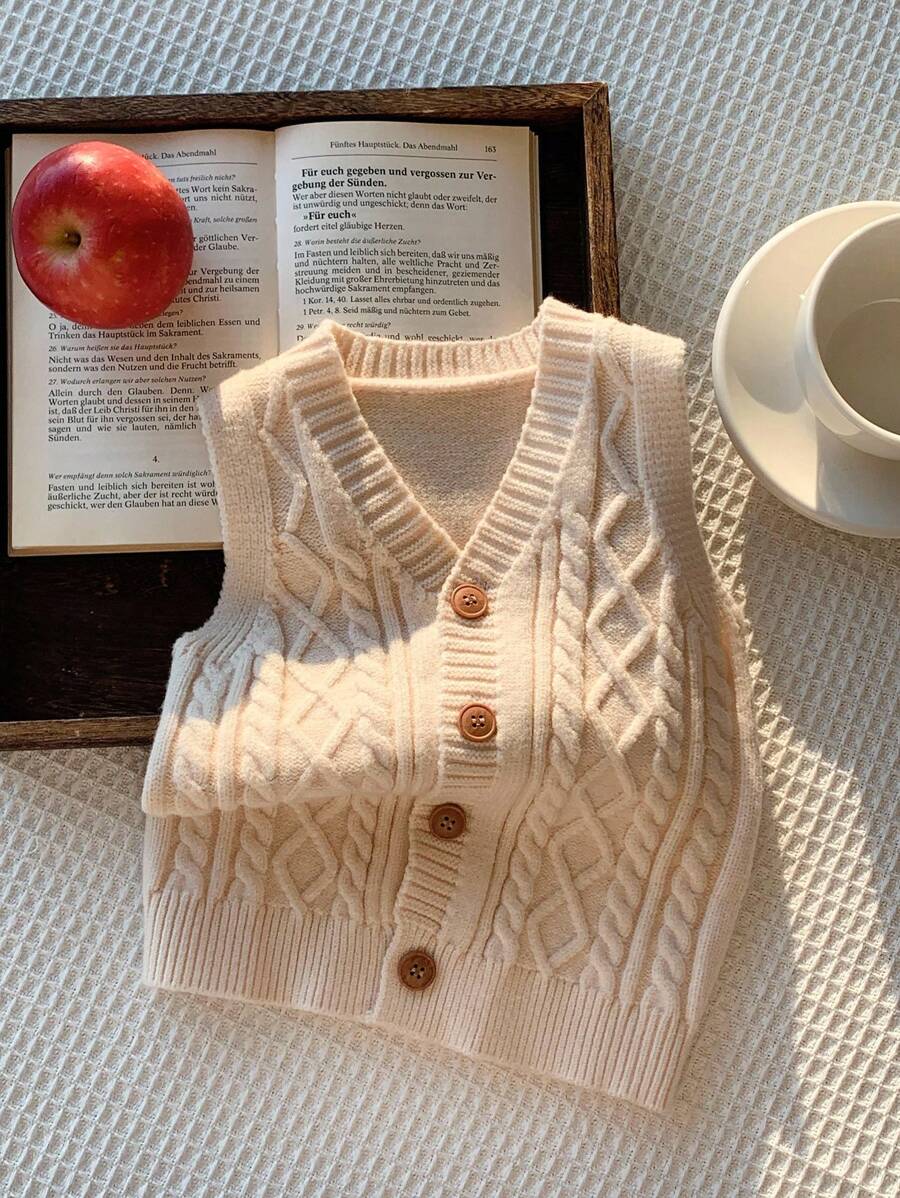 SHEIN Baby/Toddler Unisex Sleeveless V-Neck Knit Cardigan Vest, Soft, Comfortable, Versatile For Casual Wear, Suitable For Indoor, Outdoor, Daily, Sports, Play, Party, Photo Shoot, Festival, Halloween, Spring/Summer/Autumn/Winter Fall