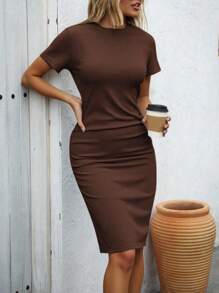 SHEIN LUNE Women's Elegant Round Neck Bodycon Mini Dress - Coffee - View 5