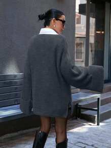 EURMUSE Áo len tay loe cổ chữ V sâu oversize thường ngày - Màu xám đen - Xem 2