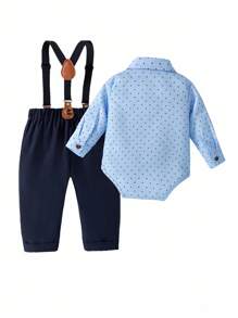 SHEIN 2pcs Baby Boys Romper Outfit Set: Light Blue Polka Dot Bodysuit With Navy Blue Bow Tie Collar And Button Front, Paired With Adjustable Navy Blue Bib Overalls. Suitable For Weddings, Birthdays, And Other Celebrations Fall Winter - Multicolor - View 2
