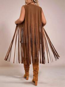 Freevana Autumn/Winter Brown Tassel Bohemian Style Country Music Festival Long Sleeveless Women Casual Coat Vacation Outfits Woman Vacation Outfits Woman