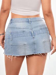 SHEIN EZwear 大码女式牛仔迷你裙，春夏 - 藍色 - 查看 4